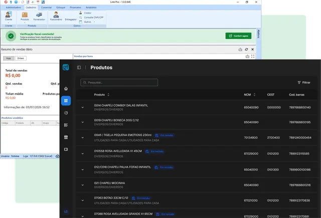 Gestor Fiscal analisando os tributos dos produtos cadastrados no sistema Link