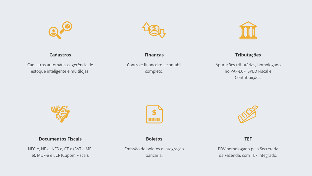 Recursos do Sistema Link: cadastros, finanças, tributações, documentos fiscais, boletos e TEF